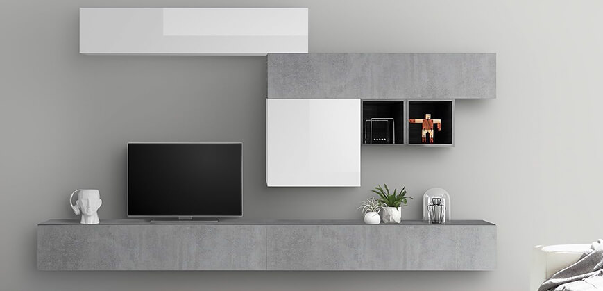 Modern wandmeubel met granieten & hoogglans fronten