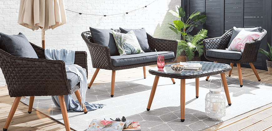 Bruine polyrotan loungeset met bank, fauteuils en tafel