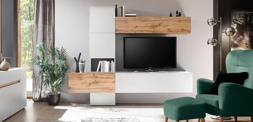 Moderne wandmeubel voor TV met hoogglans & houten fronten