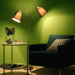 Een vloerlamp met twee bruine tinten staat naast een groene bank voor een groene muur
