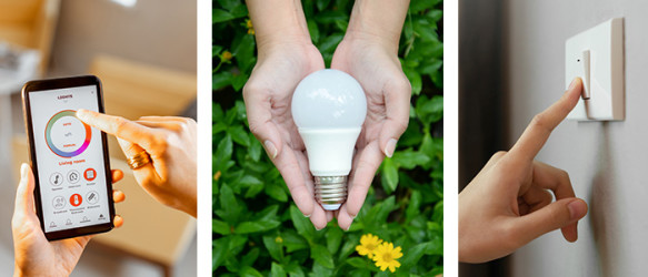 Banner met drie verschillende afbeeldingen over leds. Een daarvan is een smartphone met een smart home display waarop je de lichtkleur individueel kunt instellen. Een afbeelding van twee handen die een LED-lamp vasthouden tegen een achtergrond van bladeren. En een hand die een lichtschakelaar bedient.